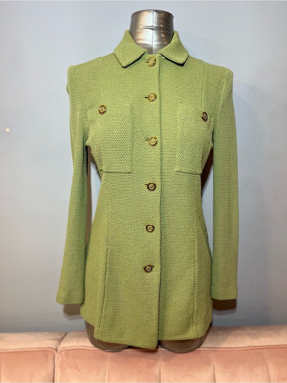 Tailored Light Green Knit Blazer with Gold Buttons